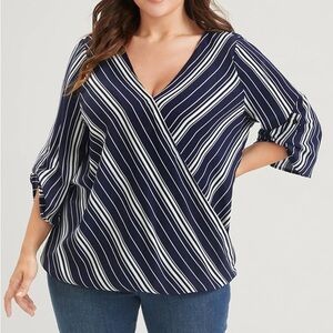 Bloomchic Striped Button Cuffed Sleeve Wrap Blouse Navy Blue Size 14/16 NWT